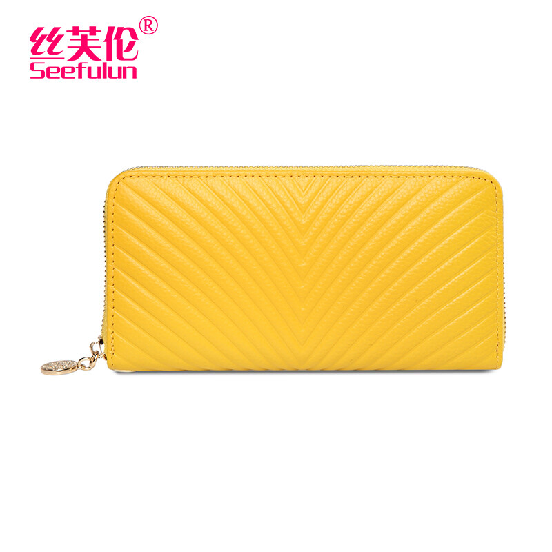 Sephora brand, one-year warranty, high-end genuine leather long zipper wallet, anti-degaussing, anti-theft brush handbag, mobile phone, large capacity coin purse, soft, yellow, no specifications