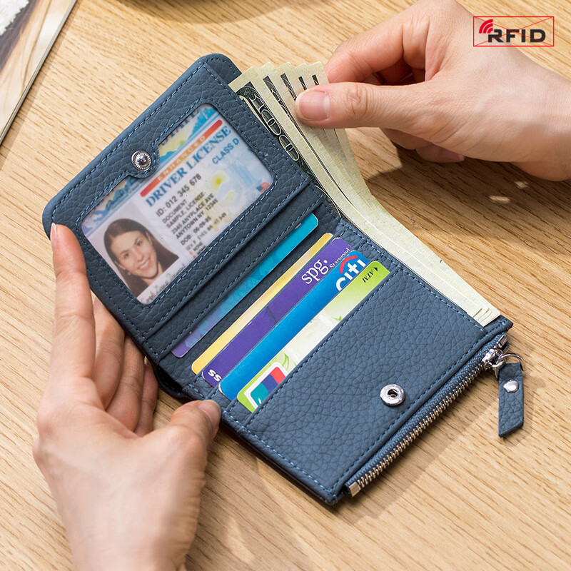 SHARELOVE genuine leather anti-theft brush degaussing wallet short zipper folding photo men and women 2023 new ultra-thin wallet card bag grass green