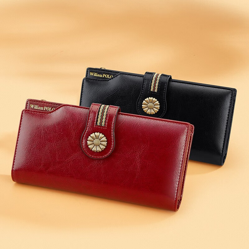 WILLIAMPOLO Paul Wallet Women's First Layer Cowhide Genuine Leather Long Wallet Handbag Multiple Card Slots Multi-Function Bag Women's Card Bag Trendy Yellow