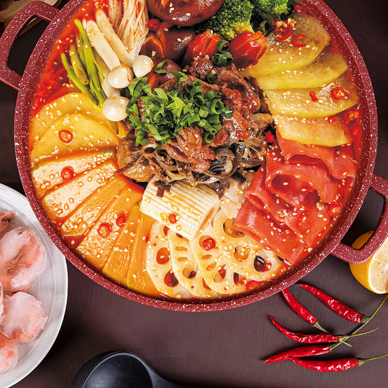 MGC mandarin duck pot small hot pot soup pot medical stone non-stick pot household induction cooker special hot pot basin integrated pot 28cm French romantic red hot pot