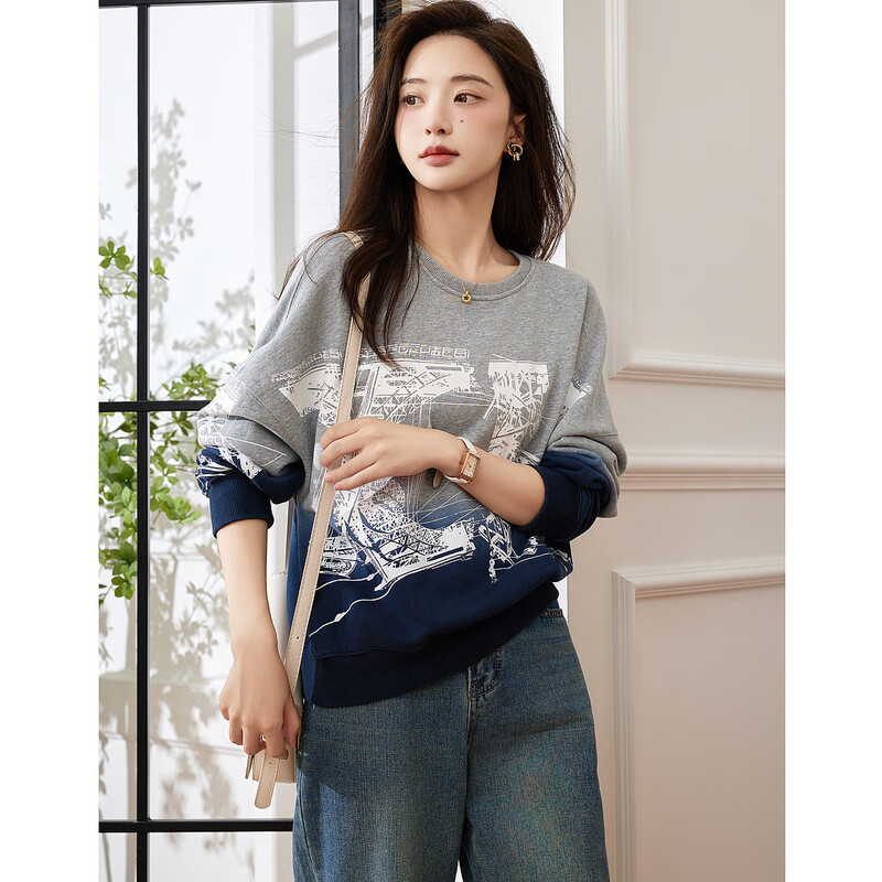 Demana Fashionable Gradient Casual Sweatshirt Spring and Autumn Cotton Round Neck Loose Slightly Elastic Sweatshirt Women's Top Heather Gray XL