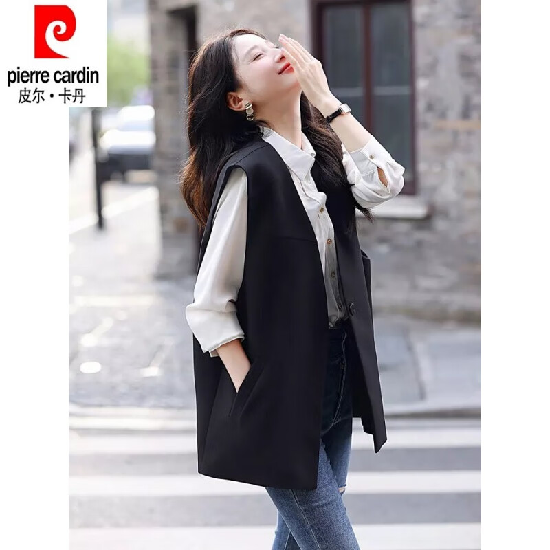 Pierre Cardin 24 years new style French style suit vest women's early spring loose suit jacket V-neck vest top black 3XL 135 to 150 pounds