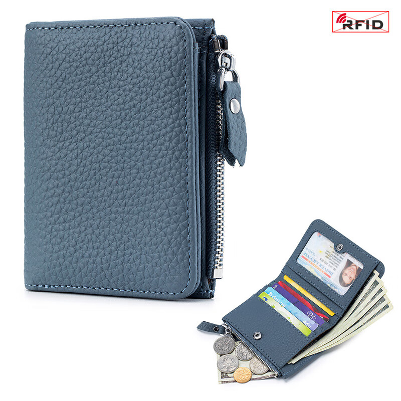 SHARELOVE genuine leather anti-theft brush degaussing wallet short zipper folding photo men and women 2023 new ultra-thin wallet card bag grass green