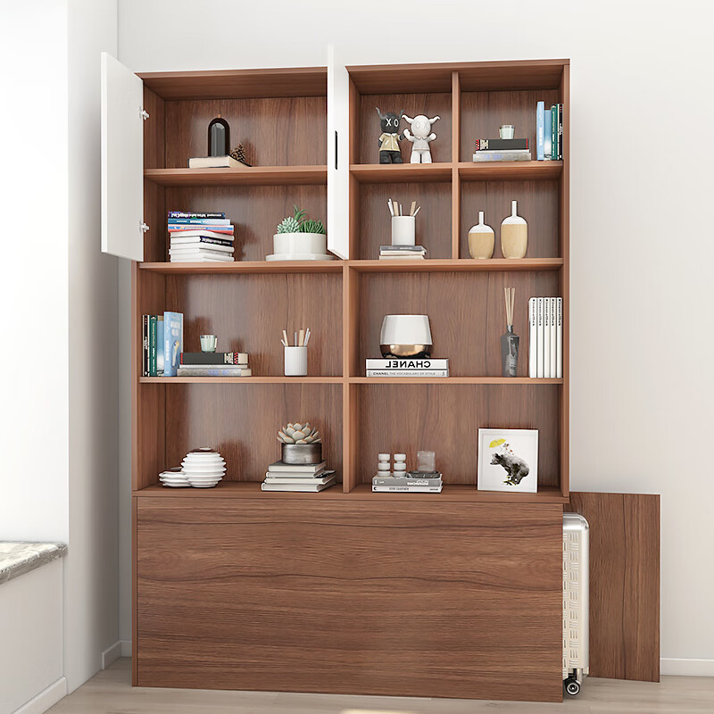 Pingzi set tatami wardrobe integrated bed bedroom furniture storage bookcase wardrobe bed box ENF grade paint-free board customization embossed walnut color 1.5m tatami + bookshelf cabinet + wardrobe