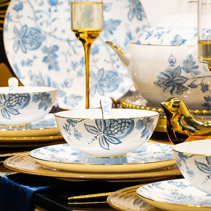 Honglang 2023 new style Chinese tableware and dishes set high-end bone china Jingdezhen new home moving and wedding gift bowls 70 pomegranate flowers (high-end gift packaging)