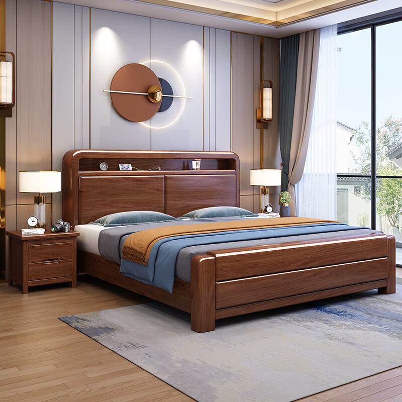Maiyayue walnut new Chinese style solid wood 1.8m double bed master bedroom wedding bed solid wood bed simple modern 1.5m home bed walnut bed + latex brown cushion 1800*2000mm frame style