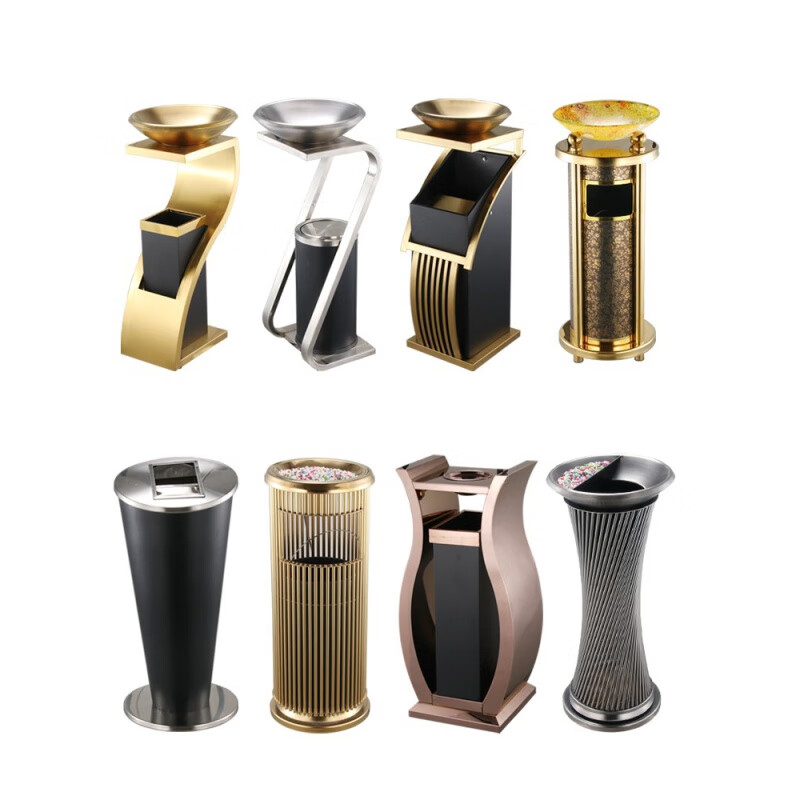 Hotel lobby stainless steel trash can commercial office building vertical elevator corridor KTV sanitary bucket with ashtray S-shaped stainless steel + tempered glass basin