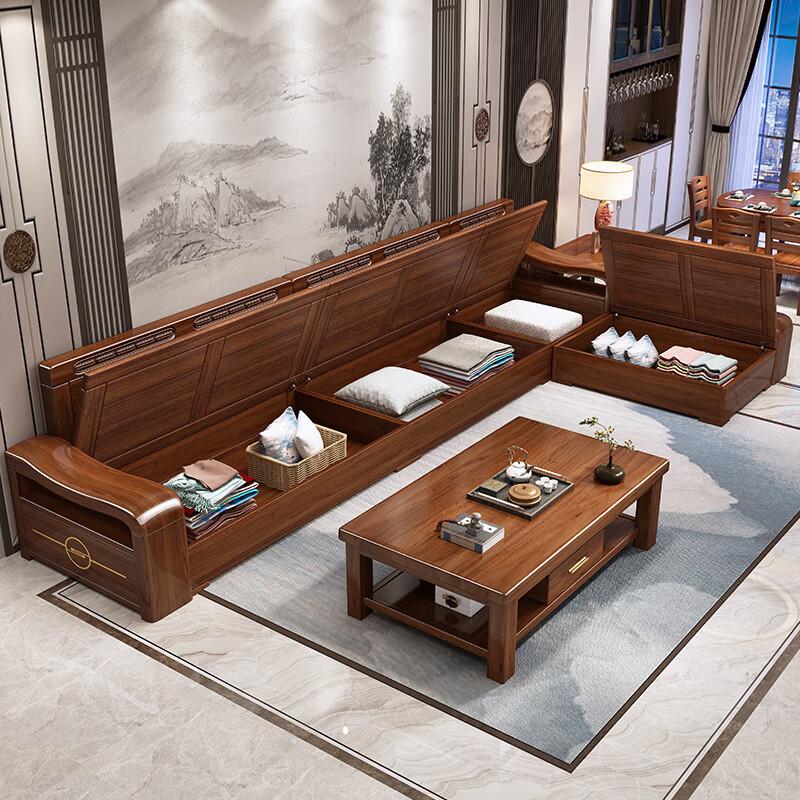 Zihua solid wood sofa golden walnut modern Chinese style multi-seat corner chaise storage living room furniture F1208 four-seat + chaise + coffee table + TV cabinet storage latex style upgraded technology cloth cover