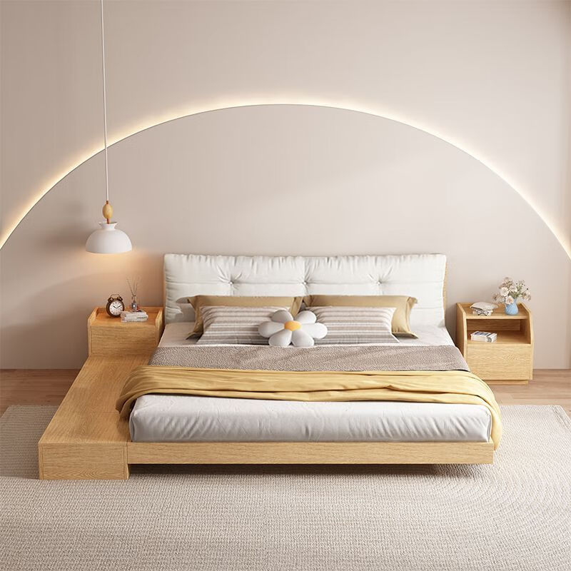 Secret floating bed tatami wabi-sabi style simple 1 meter 8 double soft package storage bed tatami bed floor-standing Japanese style walnut color bed + bedside + 1 bedside table + mattress 1500mm*2000mm frame structure