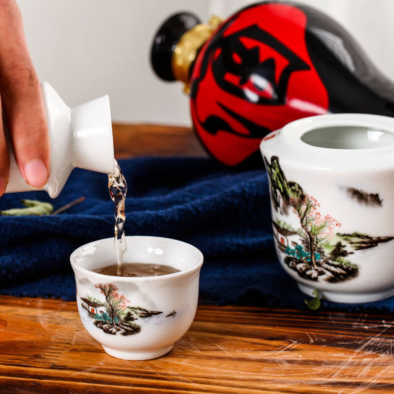 Chuge high-quality rice wine warmer ceramic household 2-pack white wine wine warmer sake scalding wine jug wine warmer set 2-pack blue and white landscape (slightly flawed)