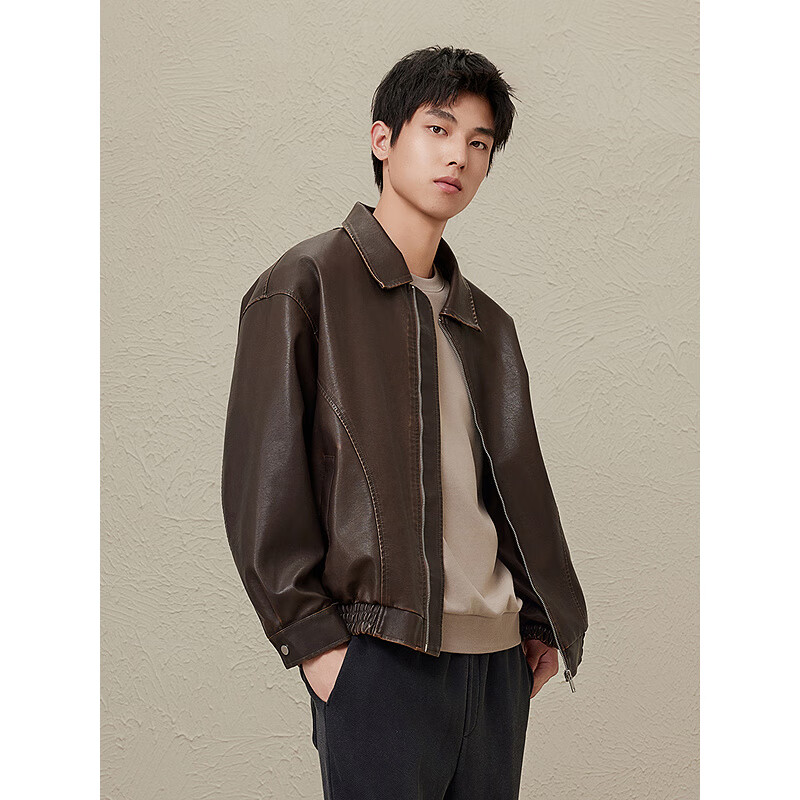 GXG Men's American Leather Jacket Unisex 2024 Autumn New Jacket Brown 170/M