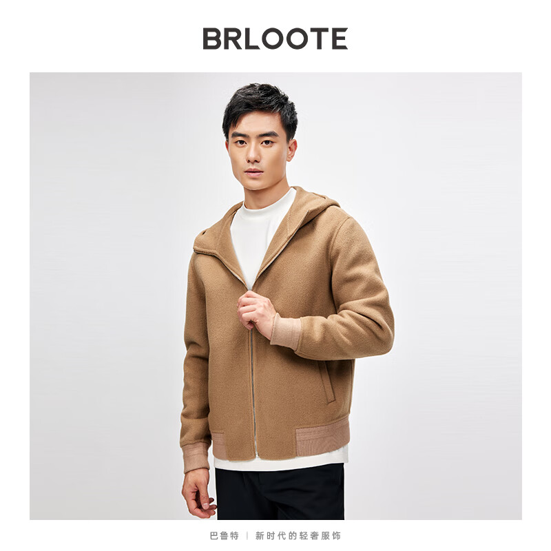 Brloote wool hooded jacket khaki coat men's autumn double-sided woolen top men's warm casual jacket camel 180/100A