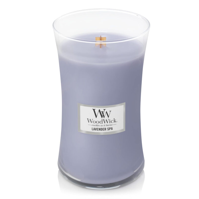 Woodwick Large Hourglass Scented Candle Lavender SPA Fragrance Natural Wood Core Burst Sound 180 Hours Fragrance