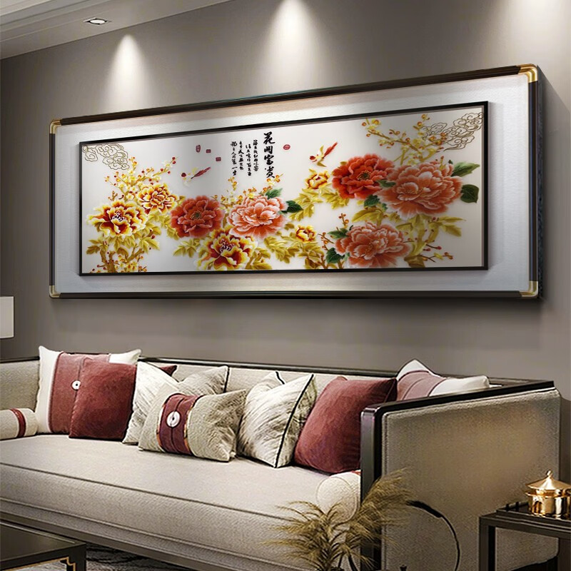 Ruilong Workshop Wealthy Blossoms Blooming Suzhou Embroidery Hanging Painting in the Living Room Hand-Embroidered Peony Sofa Background Wall Mural New Chinese Style Decorative Painting Upgraded High-end Mounted Wealthy Blossoms Peony Suzhou Embroidery Solid Wood Picture Frame + High-end Suzhou Embroidery + 85x205cm