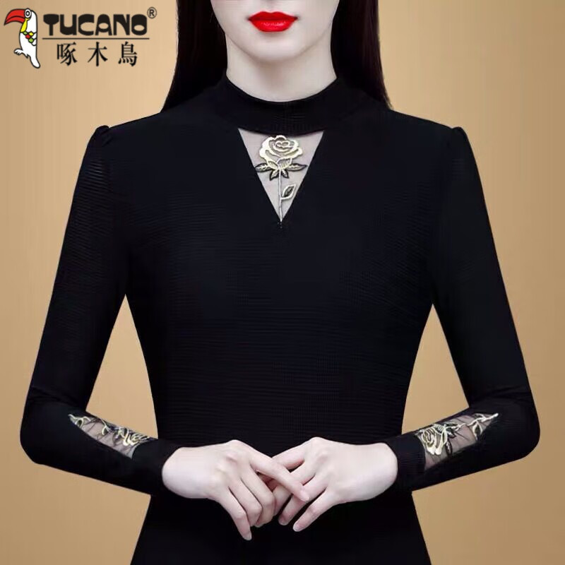 Woodpecker black long-sleeved shirt versatile 2025 beautiful outer wear half turtleneck mesh bottoming shirt warm autumn and winter plus velvet thickening black style regular XL recommended 110-120 pounds