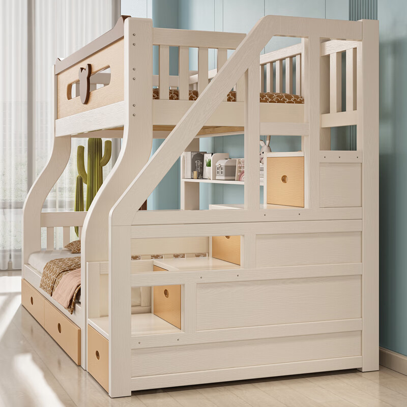 Oufansen double-layer solid wood bunk bed for boys and girls, high and low bunk bed, adult bed, panda twin bed, small apartment, straight ladder type (with 5CM mattress) Top bunk width 130cm* Bottom bunk width 150cm