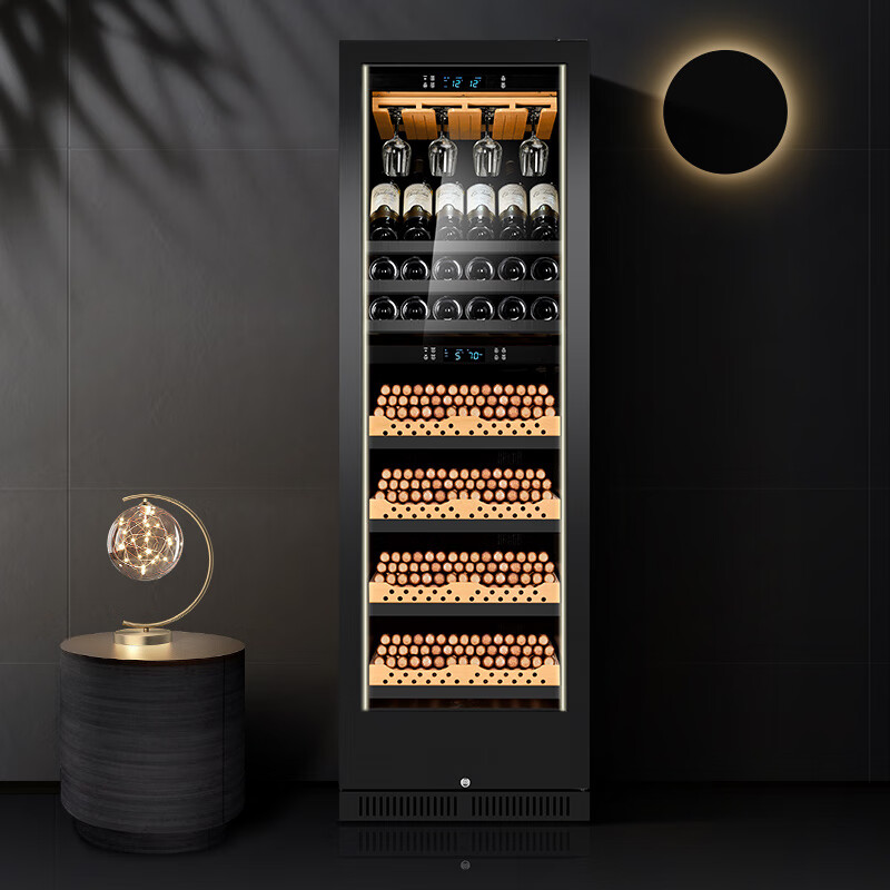 FUKE FK-188WD1 cigar cabinet, constant temperature and humidity, stainless steel smart wine cabinet, dual temperature dual system, large capacity, embedded home wine and tea humidifier, black cigar and red wine hanging cup model
