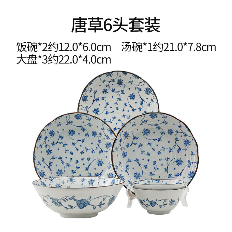 Minoware imported from Japan underglaze colored ceramic bowls and plates 6-piece tableware set