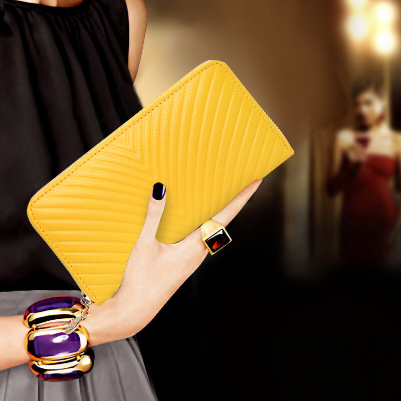 Sephora brand, one-year warranty, high-end genuine leather long zipper wallet, anti-degaussing, anti-theft brush handbag, mobile phone, large capacity coin purse, soft, yellow, no specifications
