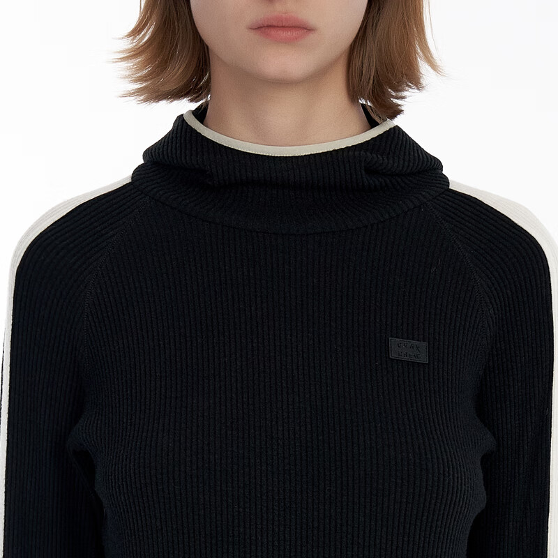 IIIVIVINIKO designer brand ribbed texture fabric hooded bottoming shirt for women M334711394B black S