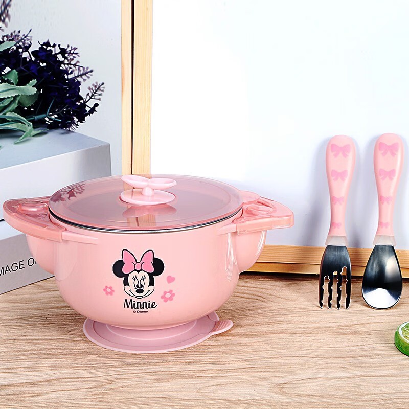 Disney children's tableware (three-piece set) infant and toddler 316 stainless steel thermal insulation tableware set baby food bowl suction cup bowl Minnie pink
