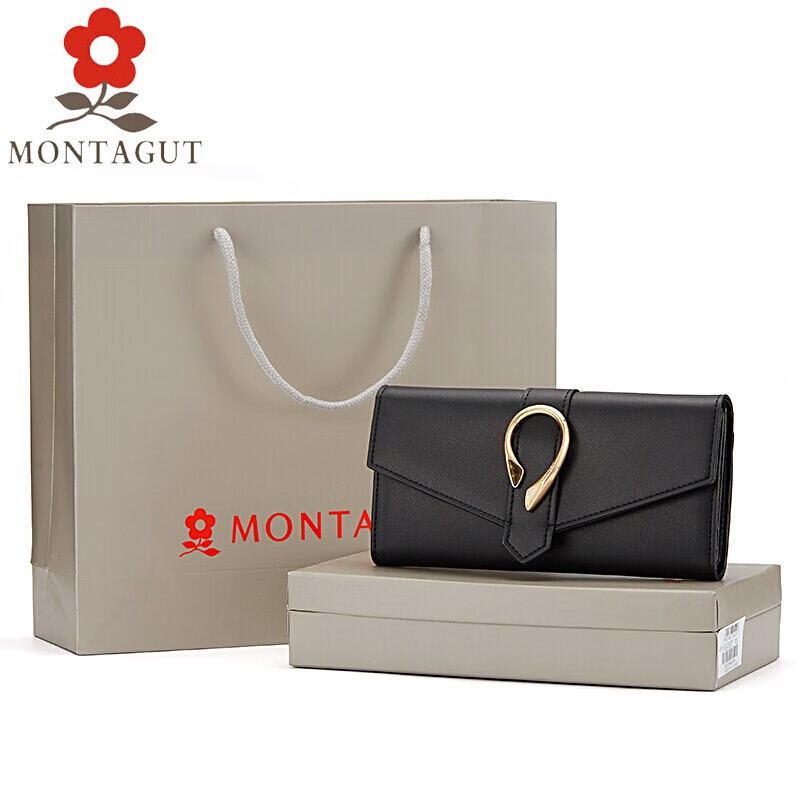MONTAGUT women's wallet long fashion buckle leather clutch bag 30% off large capacity multi-card slot wallet trendy black