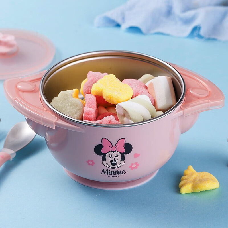 Disney children's tableware (three-piece set) infant and toddler 316 stainless steel thermal insulation tableware set baby food bowl suction cup bowl Minnie pink