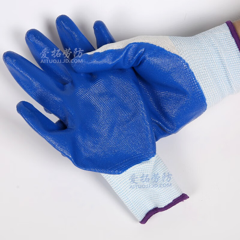 Big Blue Labor Protection Gloves Cotton Yarn Cotton Thread Gloves Construction Site Work Auto Repair Workers Work Gloves (12 Pairs) Ding Qing Dip Wear-Resistant Rubber Coated Style Labor Protection Supplies Gloves Wholesale