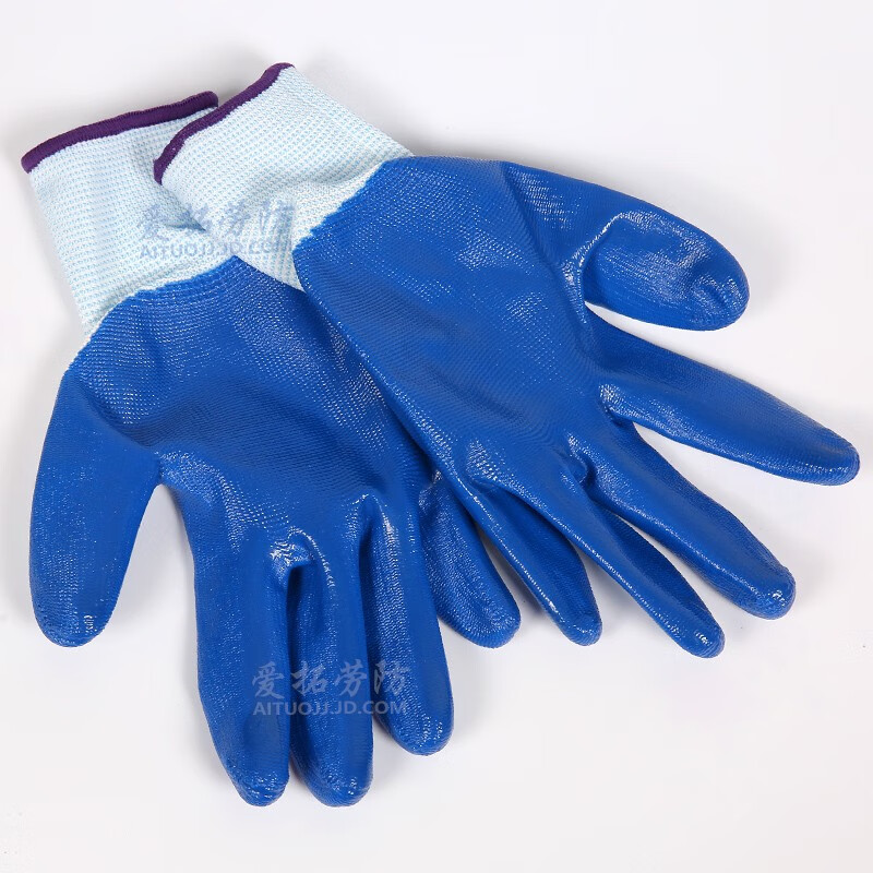 Big Blue Labor Protection Gloves Cotton Yarn Cotton Thread Gloves Construction Site Work Auto Repair Workers Work Gloves (12 Pairs) Ding Qing Dip Wear-Resistant Rubber Coated Style Labor Protection Supplies Gloves Wholesale