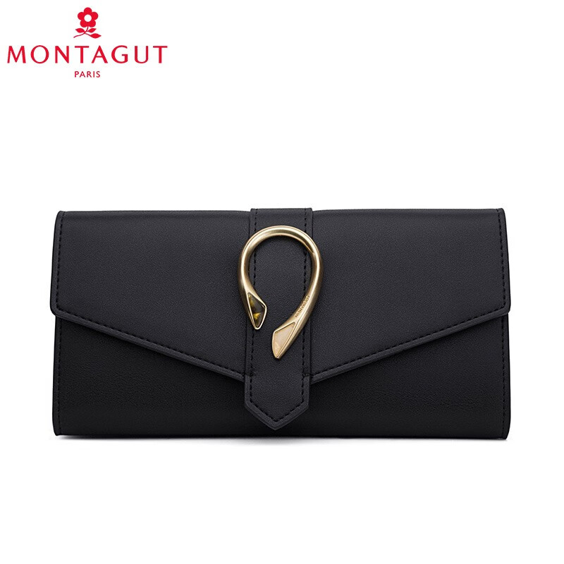 MONTAGUT women's wallet long fashion buckle leather clutch bag 30% off large capacity multi-card slot wallet trendy black