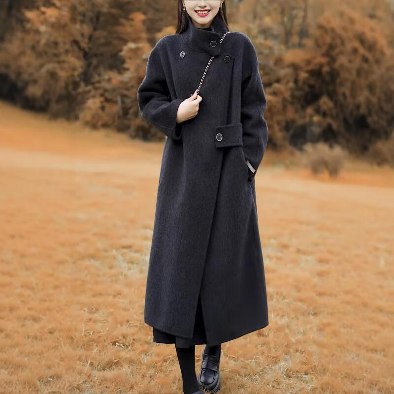 Pierre Cardin high-end double-sided cashmere coat for women mid-length Hepburn style loose woolen woolen coat 2025 autumn and winter new style black S recommended 90-125 pounds