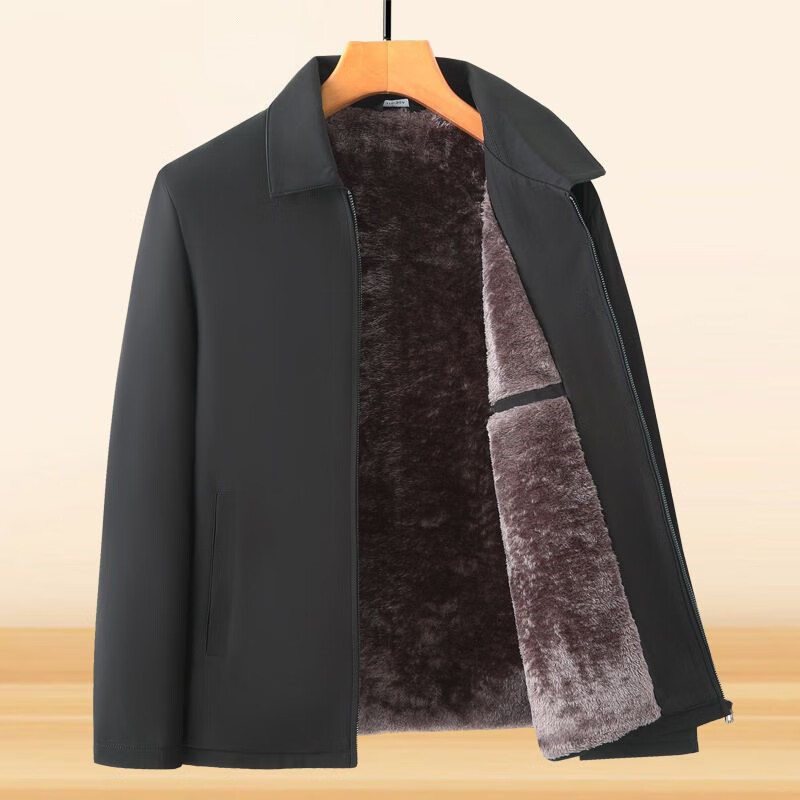 ACLOSMIL middle-aged and elderly autumn and winter men's cotton-padded clothes, middle-aged and elderly dad's lapel plus velvet thickened jacket solid color grandpa coat, navy 185