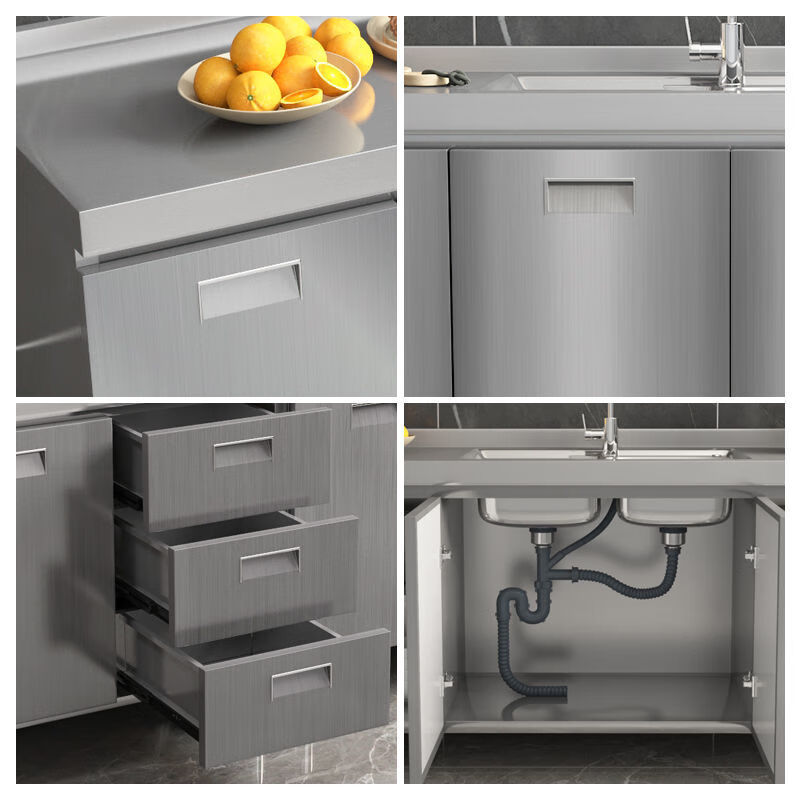 Xili 304 overall stainless steel kitchen cabinet simple stove integrated storage cupboard household small apartment 160CM four doors--double basin model 304 stainless steel-free installation