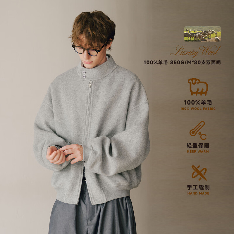 PSO Brand 100% Wool Stand Collar Harrington Short Jacket Men's American Design Loose New Year's Jacket Winter Jet Black Black L