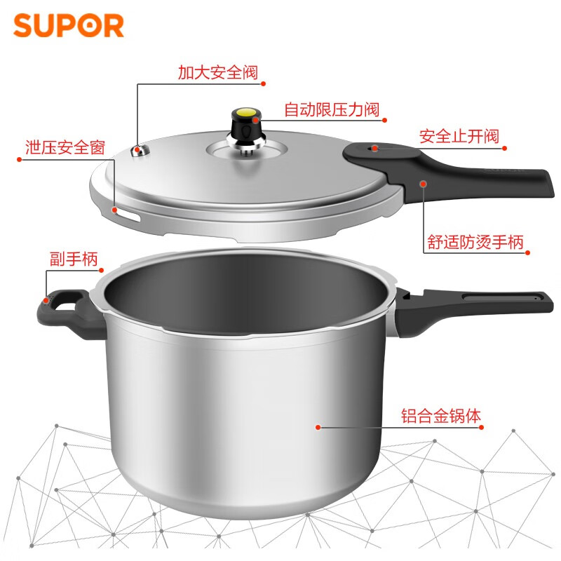SUPOR pressure cooker aluminum alloy household gas universal large capacity thickened explosion-proof large and small quick cooking pressure cooker 4.5L suitable for 1-3 people straight 20cm
