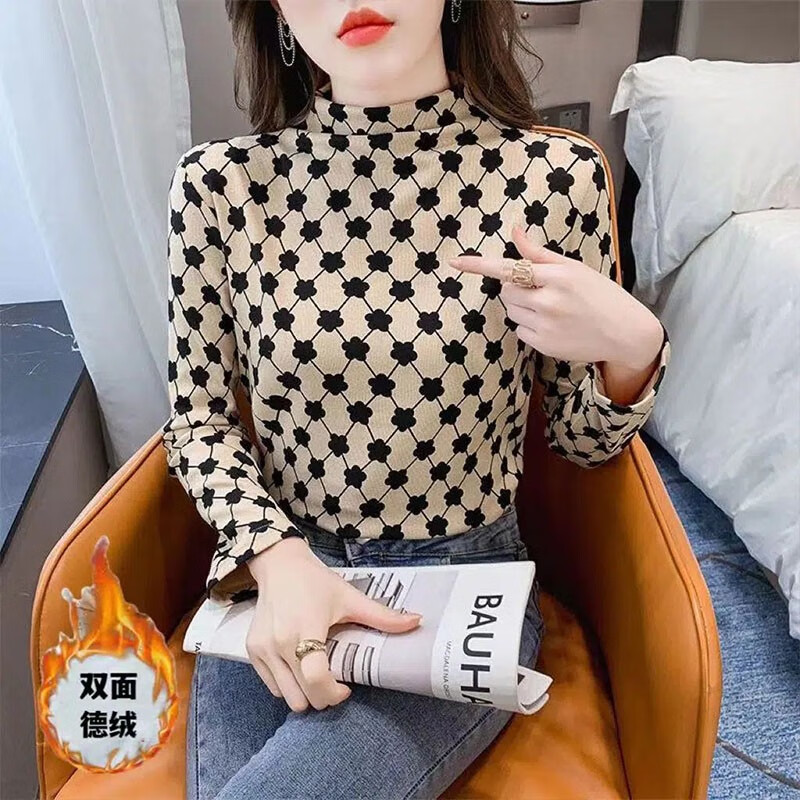 Chonglin double-sided German velvet half-turtle collar bottoming shirt for women 2025 autumn and winter new slim fit elastic inner long-sleeved T-shirt top black and white diamond check German velvet warm fabric XL recommended 115-125 pounds