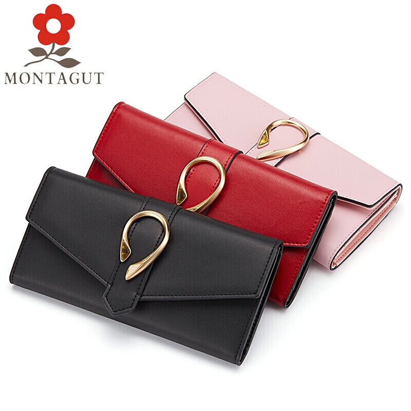 MONTAGUT women's wallet long fashion buckle leather clutch bag 30% off large capacity multi-card slot wallet trendy black