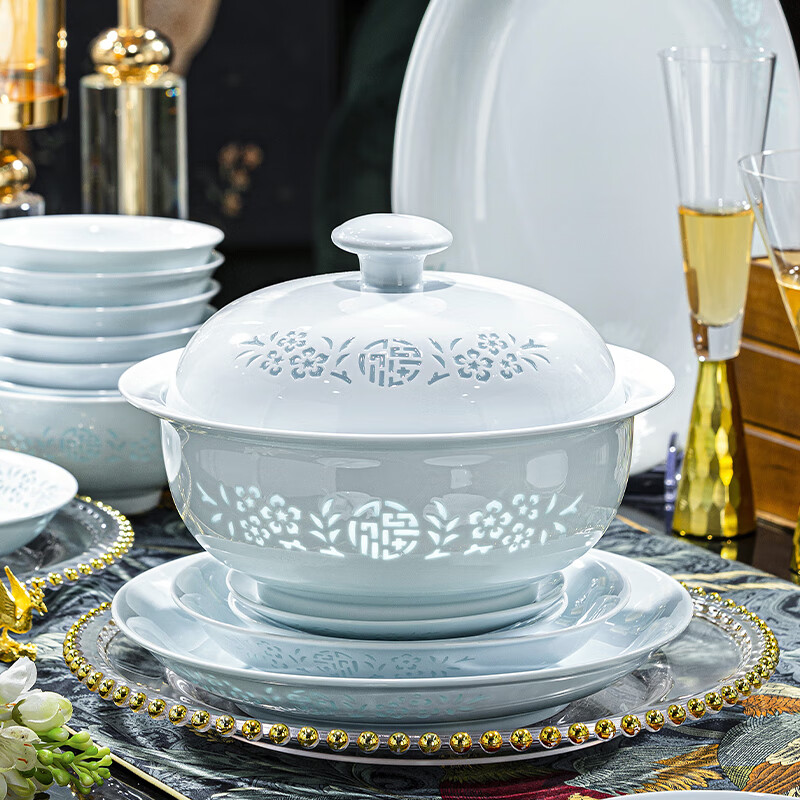 Jingci Jingdezhen Chinese exquisite tableware complete set with chopsticks, plates and bowls, high-end hotel housewarming gift, wedding gift, exquisite celadon | 6 people | 40 heads