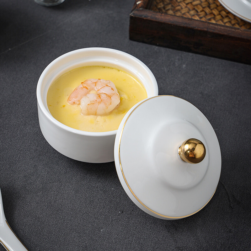 Chidu bird's nest bowl stew pot with lid, water-proof stew pot, high-end liner, household soup bowl, steaming bowl, steamed egg cup, dessert jar, hotel high-end tableware, Buddha jumping over the wall, fish glue, sea cucumber cup, small soup cup, 4-inch patternless European-style cup (with plate) + spoon - inlaid with gold