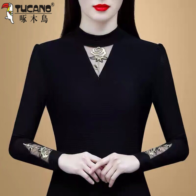 Woodpecker black long-sleeved shirt versatile 2025 beautiful outer wear half turtleneck mesh bottoming shirt warm autumn and winter plus velvet thickening black style regular XL recommended 110-120 pounds