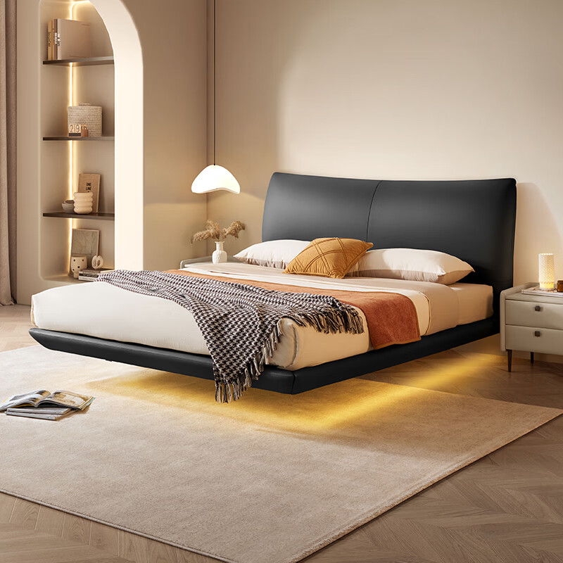 KUKA Modern Light Luxury First-layer Cowhide Suspended Bed Bedroom Double Bed 8129 Star Bead Black Suspended Model 1.8m