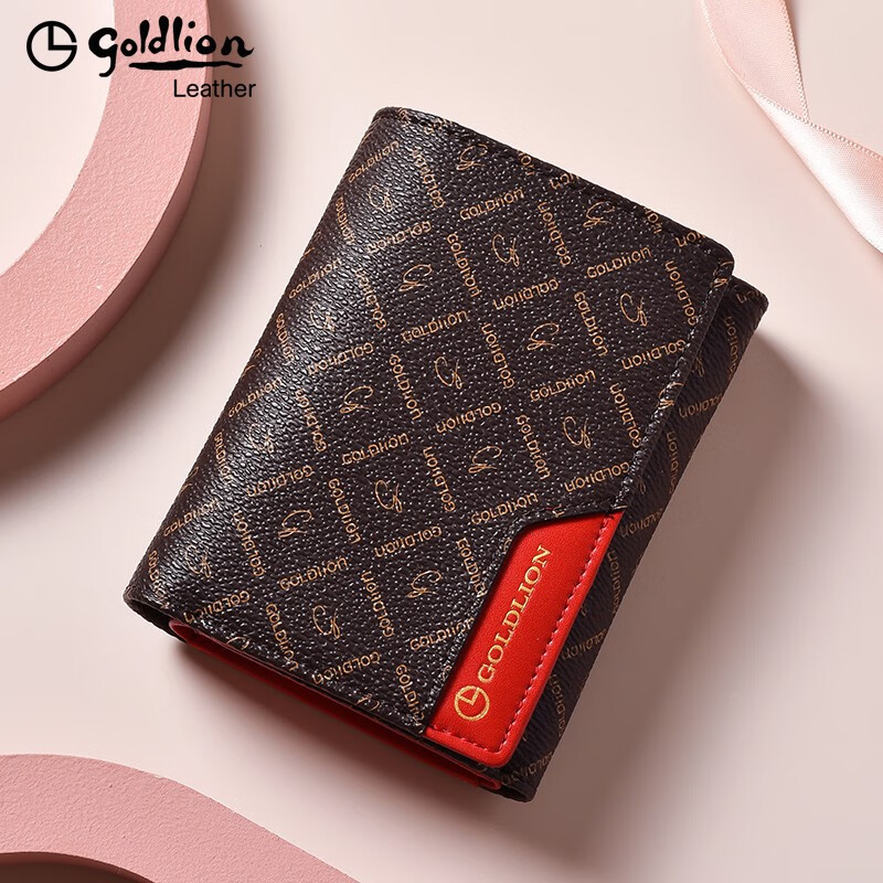 Goldlion Wallet Women's Short Style Women's Fashion Versatile Tri-fold Vertical Gift Box Wallet Women's Card Holder 2025 New Small Wallet Coffee Matching Red Officially Authorized - One fake will be fined ten