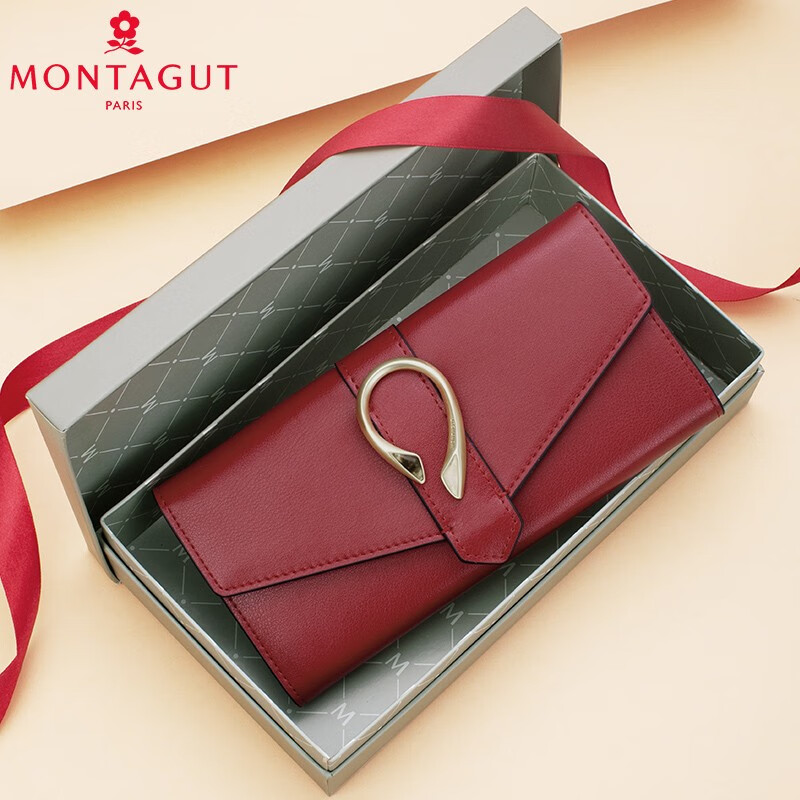 MONTAGUT women's wallet long fashion buckle leather clutch bag 30% off large capacity multi-card slot wallet trendy black