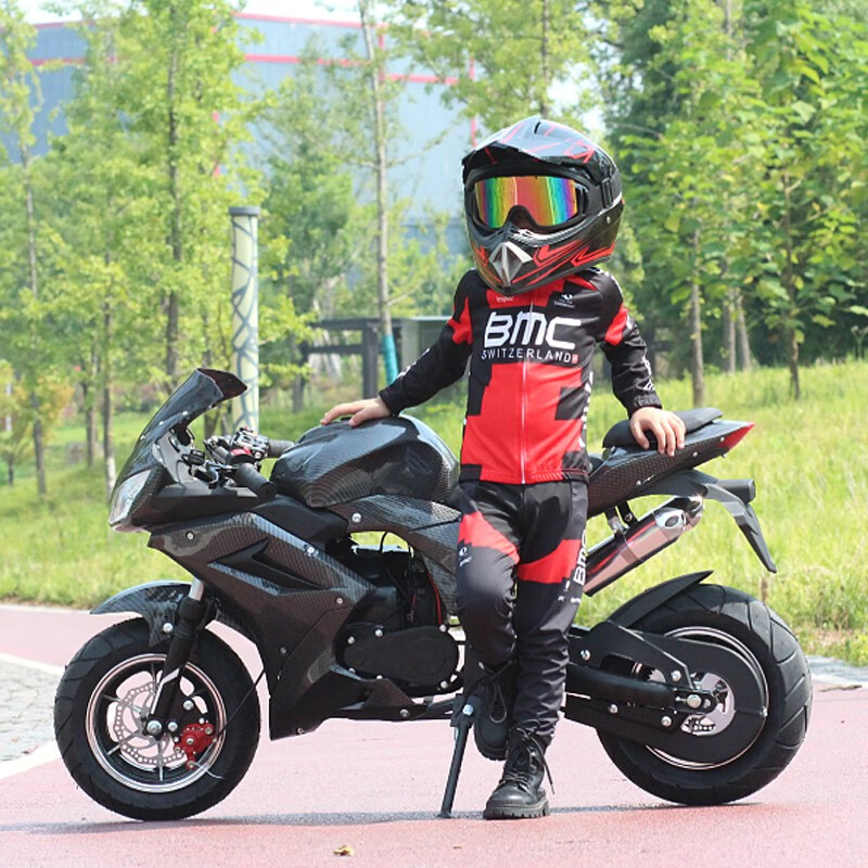 Langchuang motorcycle 49cc electric start two-wheeled mini large and medium-sized running children and adults mini sports car party racing fuel model black 8-inch vacuum tire big wheel (one-button electric start model)