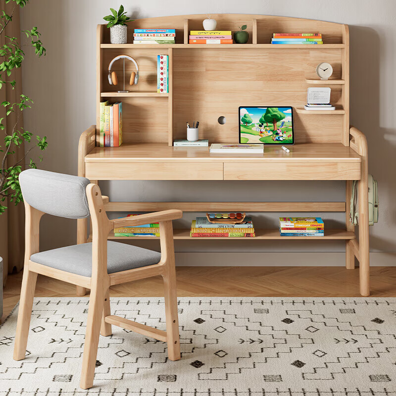 Kao solid wood desk primary and secondary school students bookshelf lift table learning desk 2012#1.4m desk + book chair
