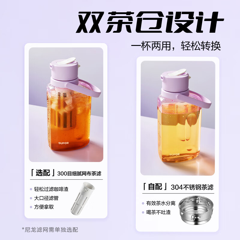 SUPOR sports water bottle large-capacity water cup tritan material plastic cup fitness outdoor ton bucket ton men and women cup bayberry purple 1600ml