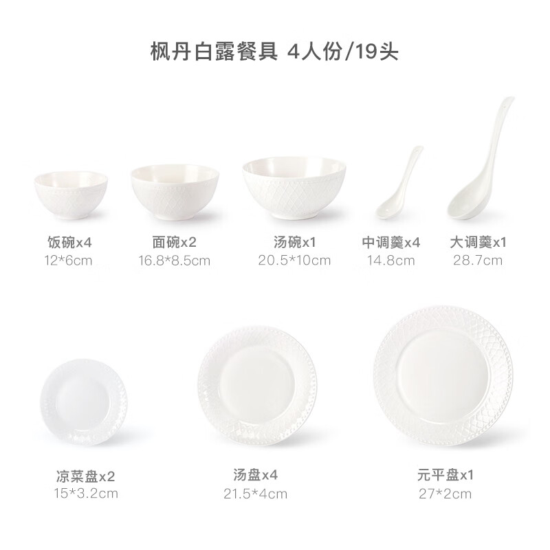 Margot annual party gift Fontainebleau high-end porcelain tableware complete set of pure white relief tableware bowls and plates housewarming gift tableware gift box set for 4 people 19 pieces
