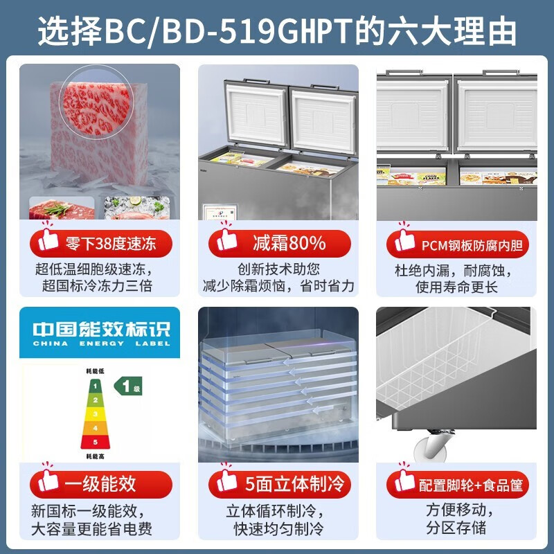 Haier Freezer 500 liters or more, commercial large capacity, minus -38 degrees, ultra-low temperature, no need for frequent defrosting, double door, tea, seafood, refrigeration and freezing, conversion for home use, 519 liters, top length 1.5 meters, minus 38 degrees, first-class energy efficiency