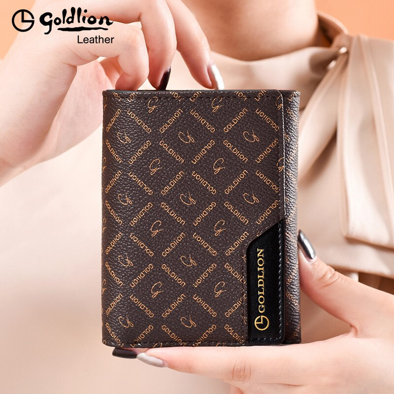 Goldlion Wallet Women's Short Style Women's Fashion Versatile Tri-fold Vertical Gift Box Wallet Women's Card Holder 2025 New Small Wallet Coffee Matching Red Officially Authorized - One fake will be fined ten