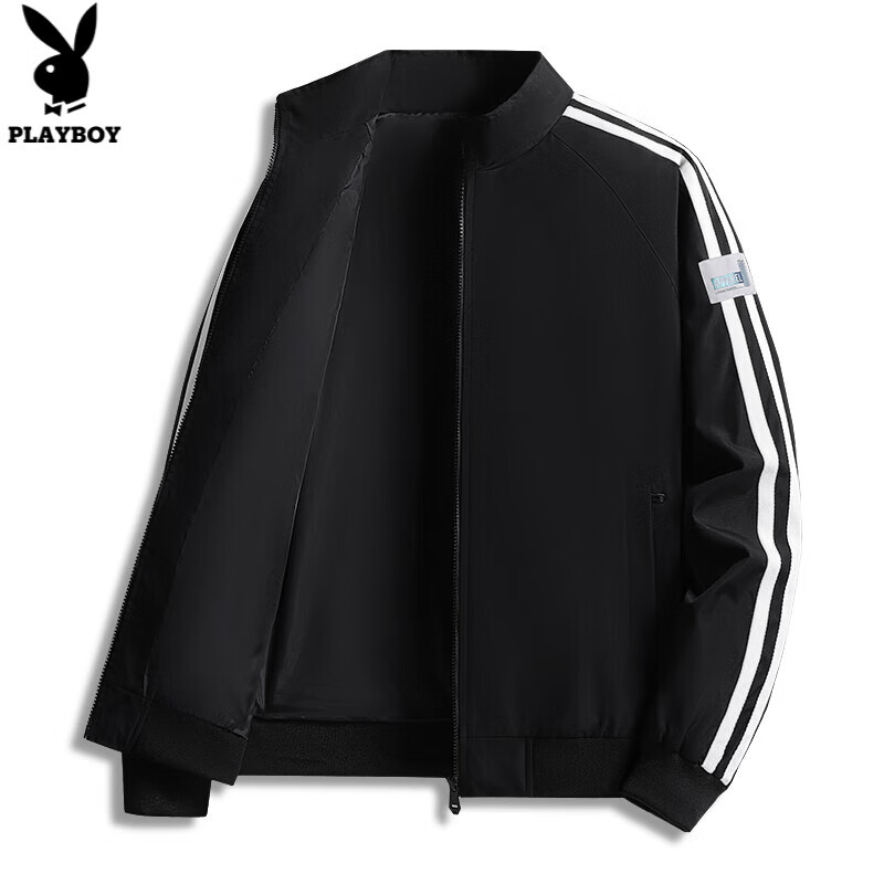 Playboy 2025 Spring and Autumn Jacket Men's Stand Collar Jacket Casual Sports Outdoor Trend Three Stripes Single Clothes Men's Clothes Velvet Thickened Black XL